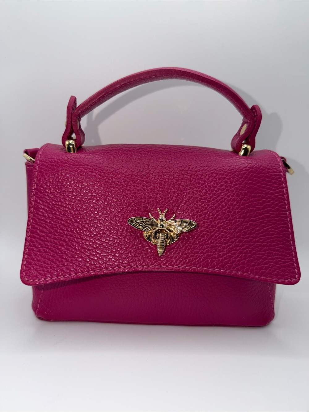 Fuchsia Leather Top-Handle Tote with Gold Bee Accent